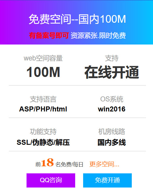 免费空间--国内100M支持ASP、PHP和HTML